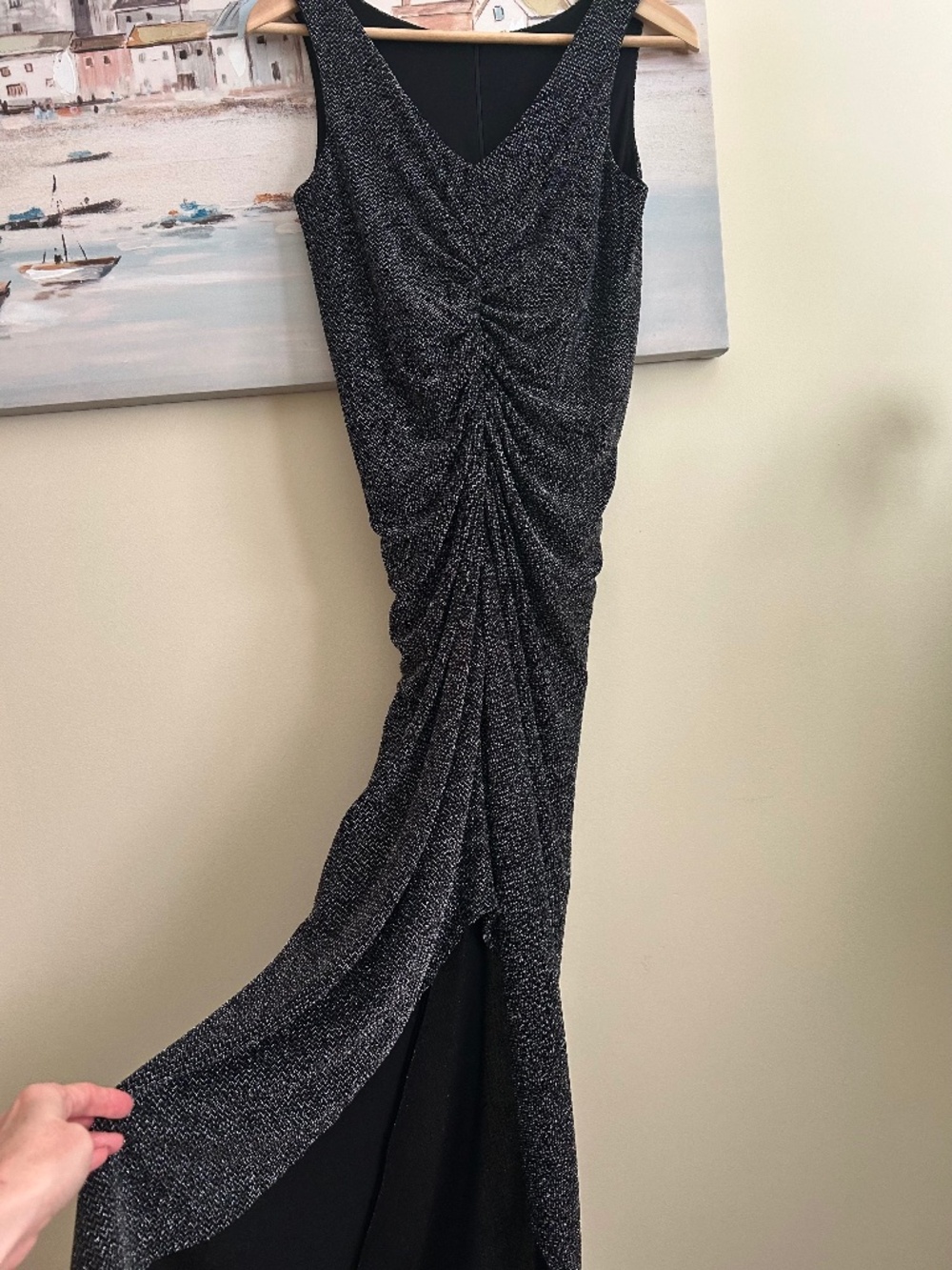 🇨🇦 Frank Lyman Bodycon Black Silver Floor-length High-Low Dress Size 2-4